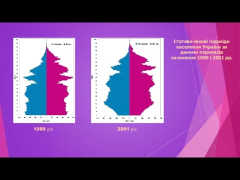 Статево-вікові піраміди населення України за даними переписів населення 1989 і 2001 рр. 1989 рік 2001 рік