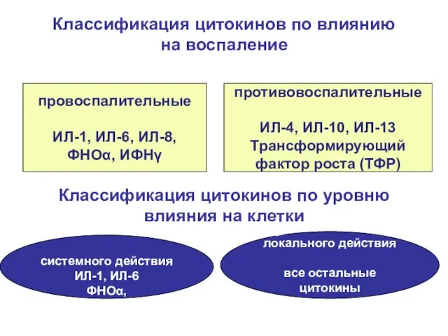 Классификация цитокинов по влиянию на воспаление провоспалительные ИЛ-1, ИЛ-6, ИЛ-8, ФНОα,