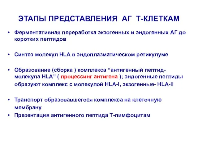 ЭТАПЫ ПРЕДСТАВЛЕНИЯ АГ Т-КЛЕТКАМ Ферментативная переработка экзогенных и эндогенных АГ до