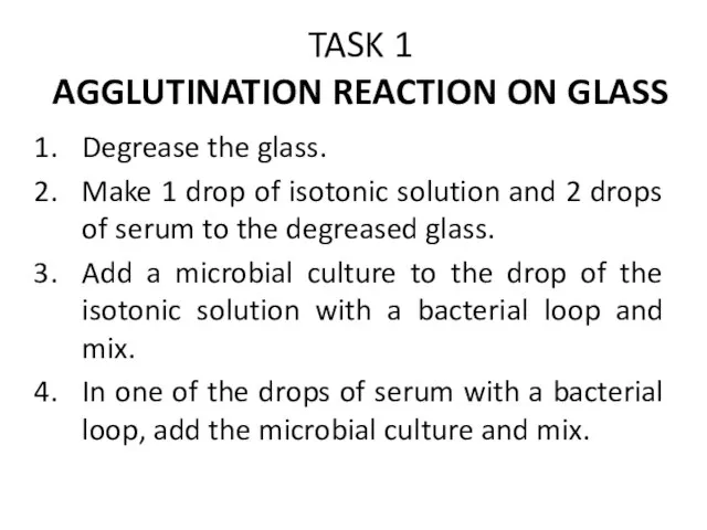 TASK 1 AGGLUTINATION REACTION ON GLASS Degrease the glass. Make 1