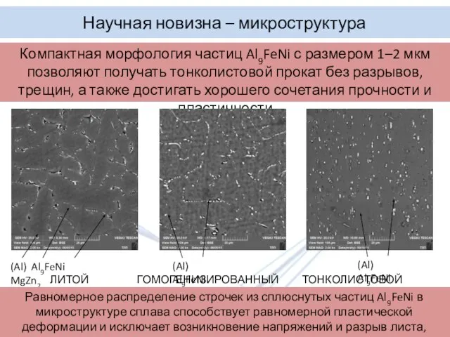 Научная новизна – микроструктура Компактная морфология частиц Al9FeNi с размером 1–2