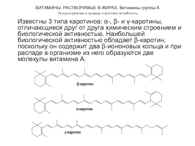 ВИТАМИНЫ, РАСТВОРИМЫЕ В ЖИРАХ. Витамины группы А Распространение в природе и