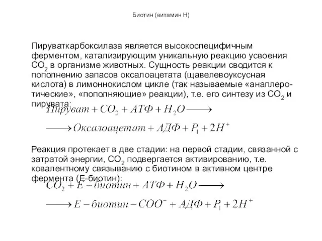 Биотин (витамин Н) Пируваткарбоксилаза является высокоспецифичным ферментом, катализирующим уникальную реакцию усвоения