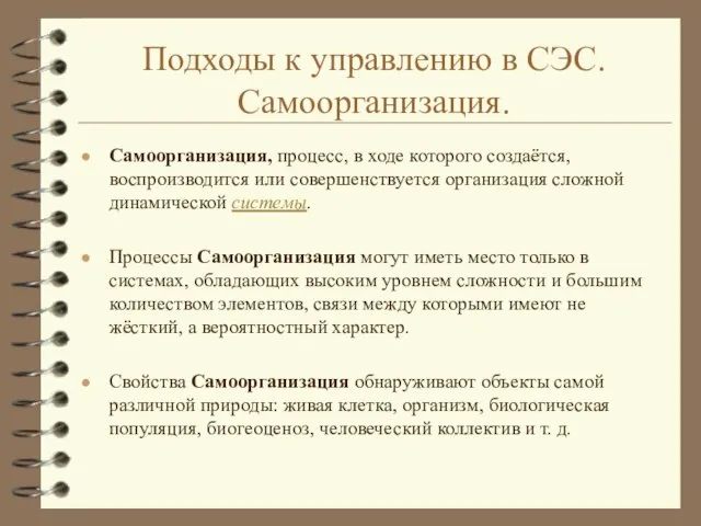 Подходы к управлению в СЭС. Самоорганизация. Самоорганизация, процесс, в ходе которого