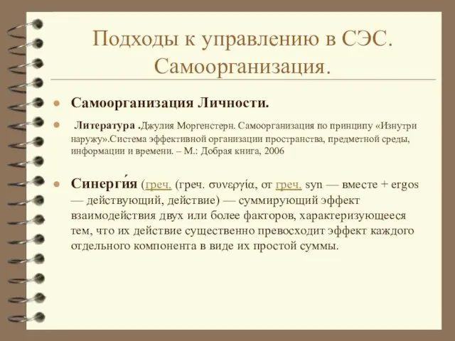 Подходы к управлению в СЭС. Самоорганизация. Самоорганизация Личности. Литература .Джулия Моргенстерн.