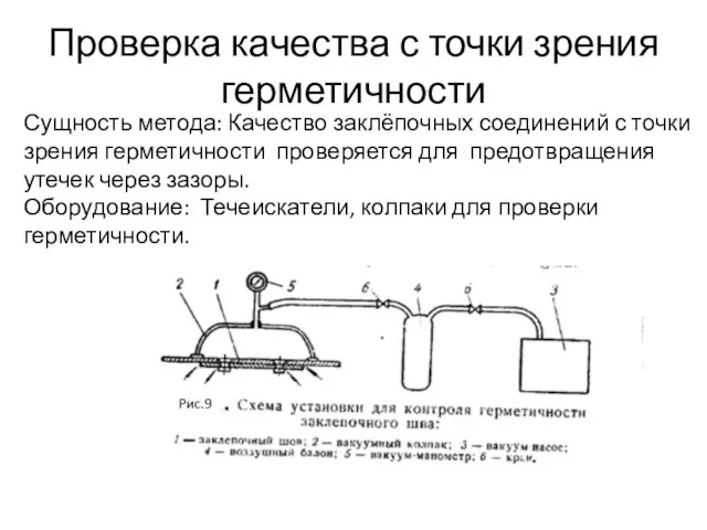 Проверка качества с точки зрения герметичности Сущность метода: Качество заклёпочных соединений