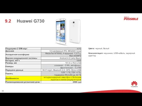 Huawei G730 9.2 Цвета: черный, белый Комплектация: наушники, USB-кабель, зарядный адаптер