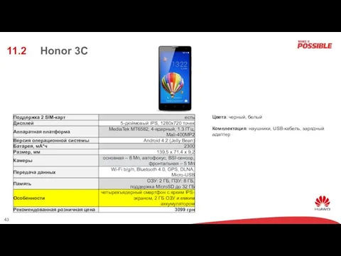 Honor 3C 11.2 Цвета: черный, белый Комплектация: наушники, USB-кабель, зарядный адаптер