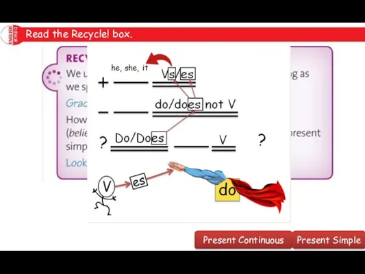 Read the Recycle! box. Present Continuous Present Simple