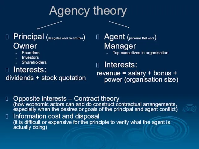 Agency theory Principal (delegates work to another) Owner Founders Investors Shareholders