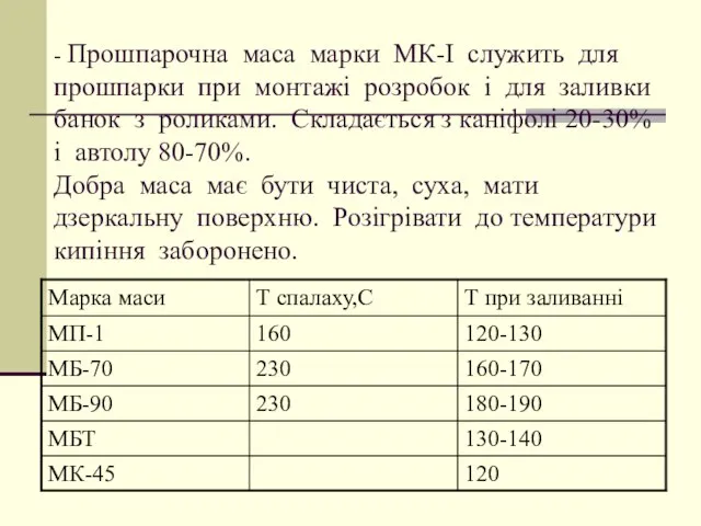 - Прошпарочна маса марки МК-І служить для прошпарки при монтажі розробок