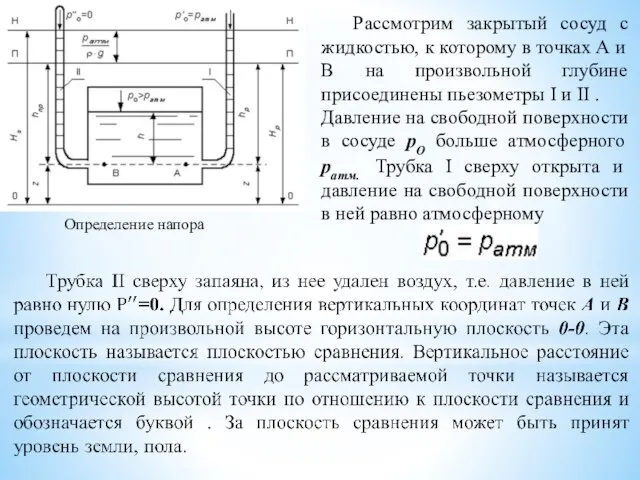 Определение напора Рассмотрим закрытый сосуд с жидкостью, к которому в точках