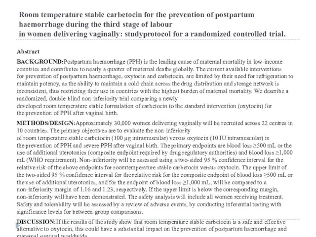 Room temperature stable carbetocin for the prevention of postpartum haemorrhage during