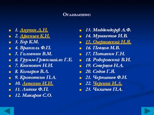 Оглавление: 1. Анучин Д.Н. 2. Арсеньев К.И. 3. Бэр К.М. 4.