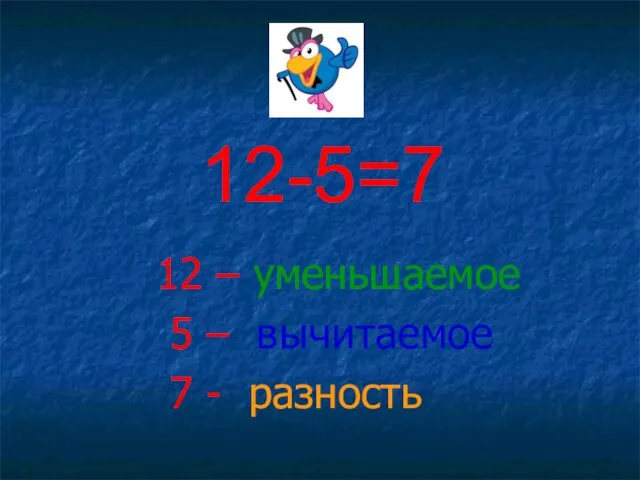 12 – уменьшаемое 5 – вычитаемое 7 - разность 12-5=7