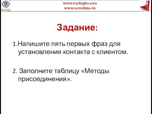 Задание: 1.Напишите пять первых фраз для установления контакта с клиентом. 2. Заполните таблицу «Методы присоединения».