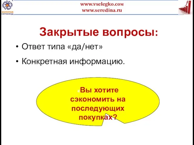 Закрытые вопросы: Ответ типа «да/нет» Конкретная информацию. «Вы хотите сэкономить на последующих покупках?