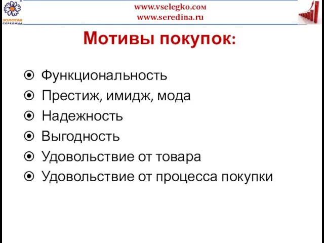 Мотивы покупок: Функциональность Престиж, имидж, мода Надежность Выгодность Удовольствие от товара Удовольствие от процесса покупки