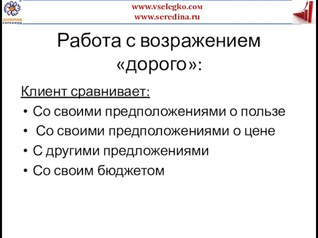 Работа с возражением «дорого»: Клиент сравнивает: Со своими предположениями о пользе