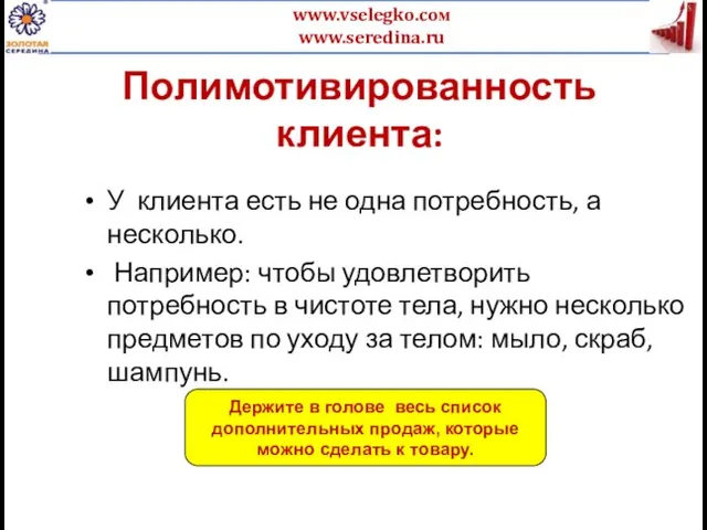 Полимотивированность клиента: У клиента есть не одна потребность, а несколько. Например: