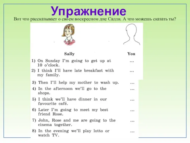 Упражнение 7 Вот что рассказывает о своем воскресном дне Салли. А что можешь сказать ты?