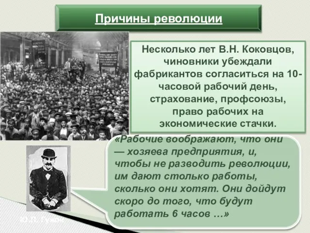 Причины революции Несколько лет В.Н. Коковцов, чиновники убеждали фабрикантов согласиться на