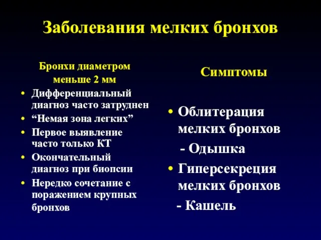 Заболевания мелких бронхов Бронхи диаметром меньше 2 мм Дифференциальный диагноз часто