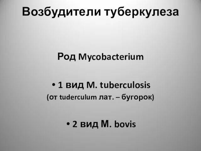 Возбудители туберкулеза Род Mycobacterium 1 вид M. tuberculosis (от tuderculum лат.