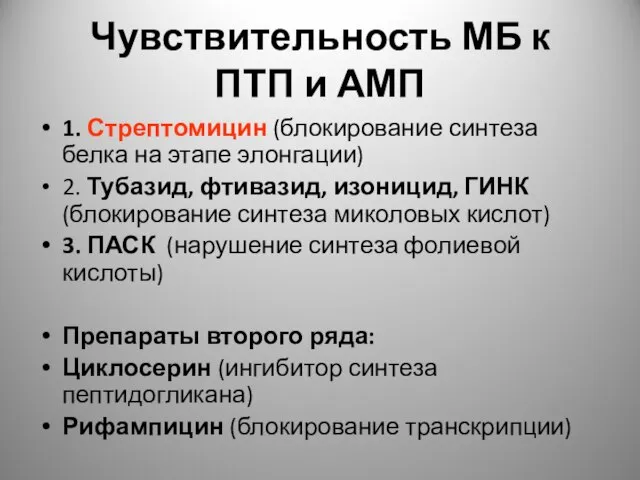 Чувствительность МБ к ПТП и АМП 1. Стрептомицин (блокирование синтеза белка