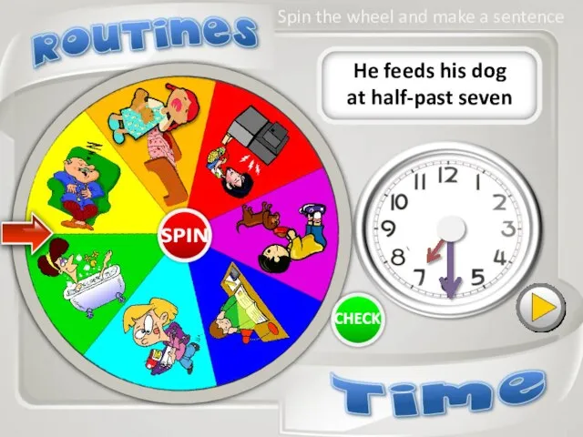 He feeds his dog at half-past seven Spin the wheel and make a sentence