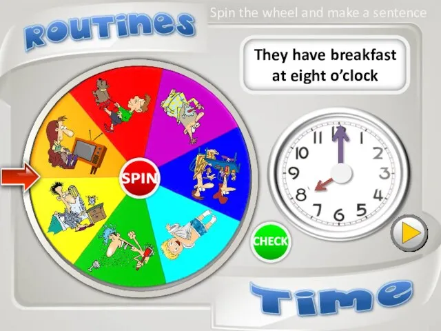 They have breakfast at eight o’clock Spin the wheel and make a sentence