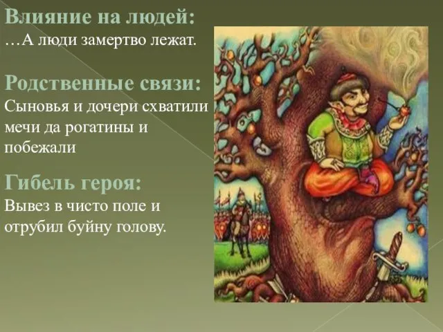 Влияние на людей: …А люди замертво лежат. Родственные связи: Сыновья и