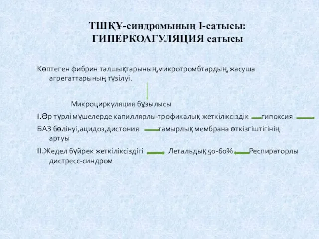 ТШҚҰ-синдромының I-сатысы: ГИПЕРКОАГУЛЯЦИЯ сатысы Көптеген фибрин талшықтарының,микротромбтардың,жасуша агрегаттарының түзілуі. Микроциркуляция бұзылысы