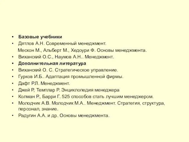 Базовые учебники Дятлов А.Н. Современный менеджмент. Мескон М., Альберт М., Хедоури