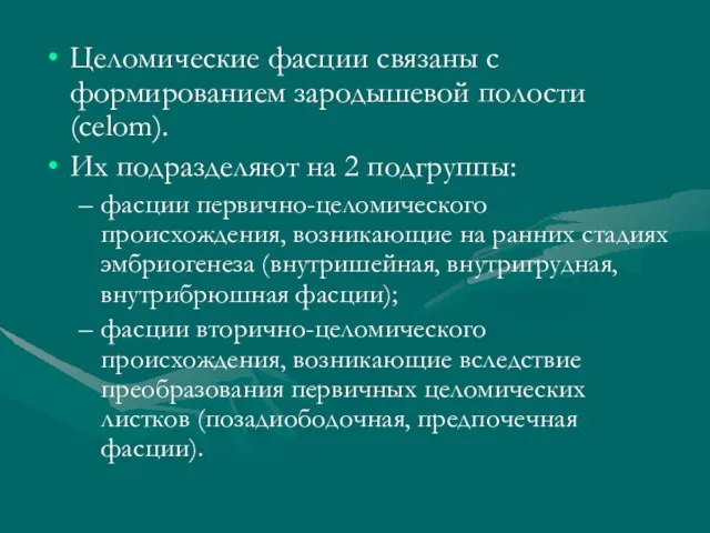 Целомические фасции связаны с формированием зародышевой полости (celom). Их подразделяют на