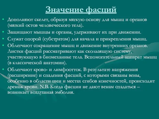 Значение фасций Дополняют скелет, образуя мягкую основу для мышц и органов