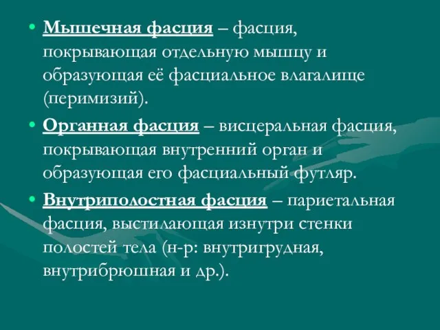 Мышечная фасция – фасция, покрывающая отдельную мышцу и образующая её фасциальное