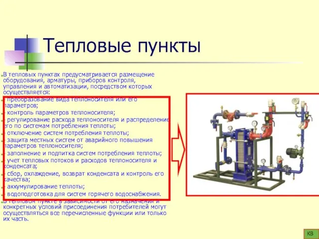 Тепловые пункты В тепловых пунктах предусматривается размещение оборудования, арматуры, приборов контроля,