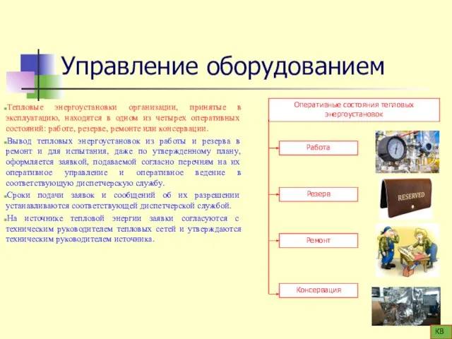 Управление оборудованием Тепловые энергоустановки организации, принятые в эксплуатацию, находятся в одном