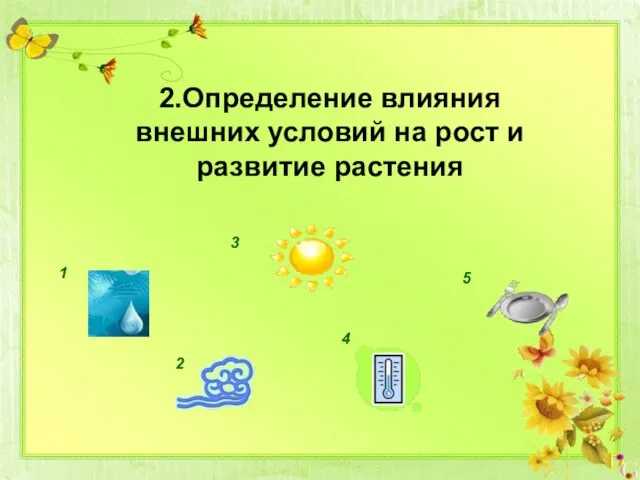 2.Определение влияния внешних условий на рост и развитие растения 1 2 4 3 5