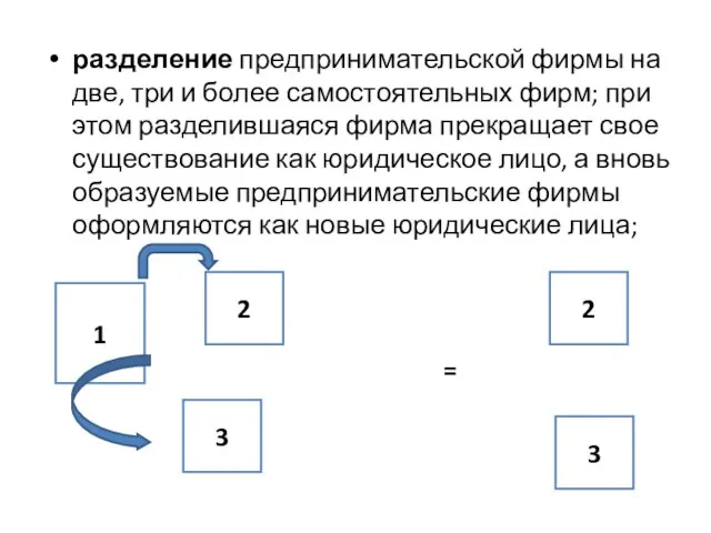 разделение предпринимательской фирмы на две, три и более самостоятельных фирм; при