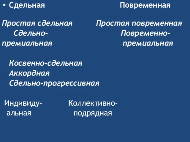 Сдельная Повременная Простая сдельная Простая повременная Сдельно- Повременно- премиальная премиальная Косвенно-сдельная