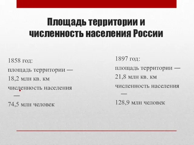 Площадь территории и численность населения России 1858 год: площадь территории ―