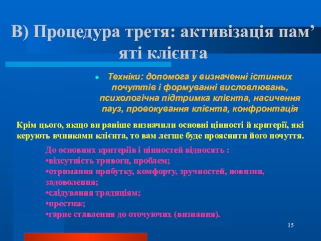 В) Процедура третя: активізація пам’яті клієнта Техніки: допомога у визначенні істинних