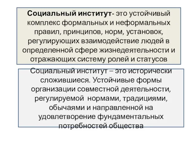 Социальный институт- это устойчивый комплекс формальных и неформальных правил, принципов, норм,