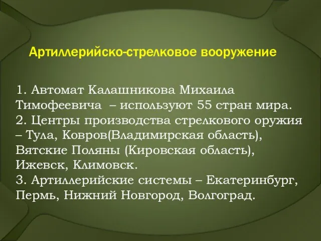 Артиллерийско-стрелковое вооружение 1. Автомат Калашникова Михаила Тимофеевича – используют 55 стран