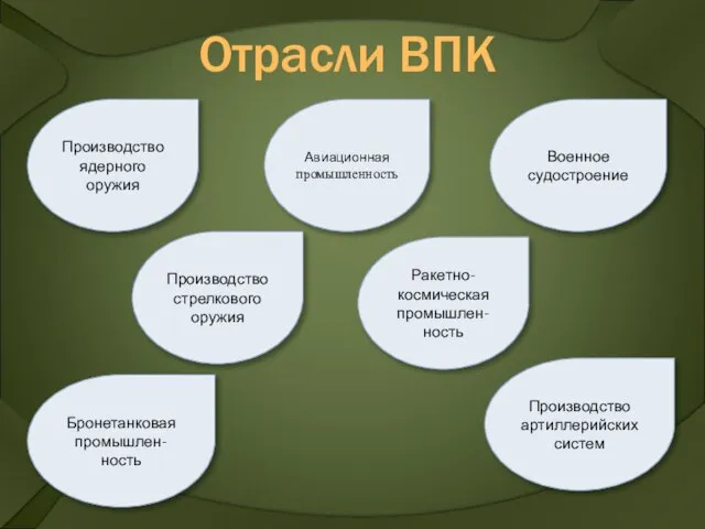 Отрасли ВПК Производство ядерного оружия Бронетанковая промышлен-ность Производство стрелкового оружия Ракетно-космическая