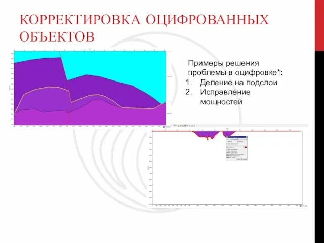 КОРРЕКТИРОВКА ОЦИФРОВАННЫХ ОБЪЕКТОВ Примеры решения проблемы в оцифровке*: Деление на подслои Исправление мощностей