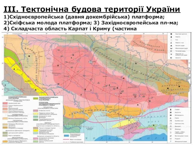 ІІІ. Тектонічна будова території України 1)Східноєвропейська (давня докембрійська) платформа; 2)Скіфська молода