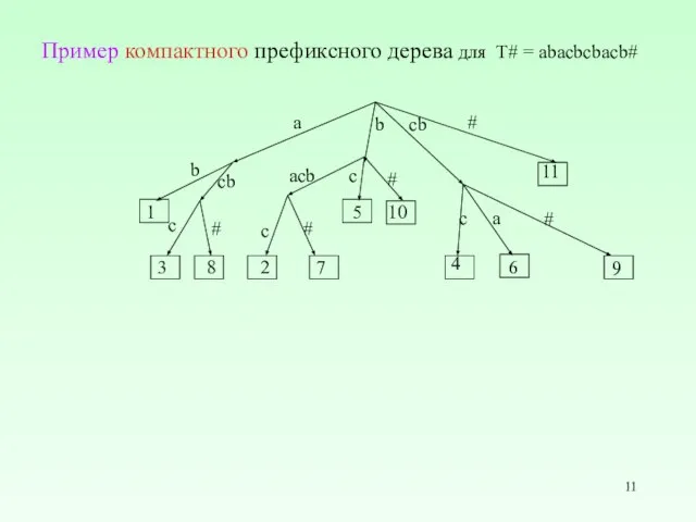 Пример компактного префиксного дерева для T# = abacbcbacb# 11 # c